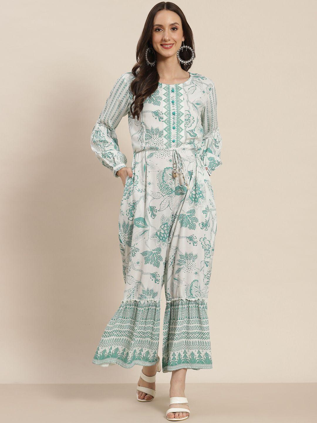 juniper white & green ethnic motifs printed basic jumpsuit