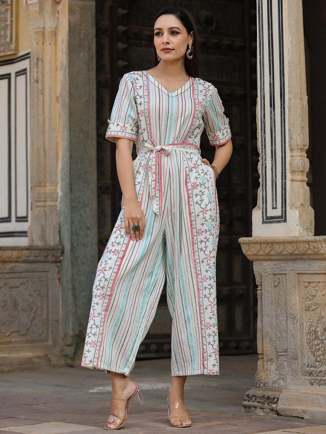 juniper white & red ethnic motifs printed puff sleeves belted basic jumpsuit