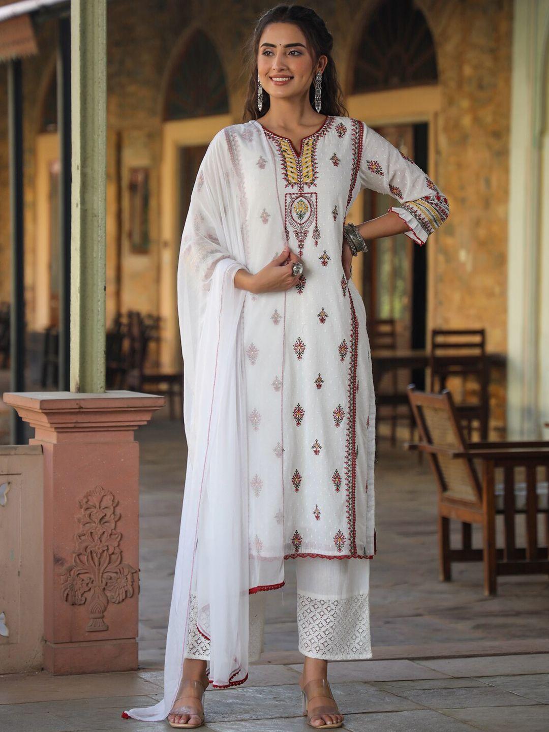 juniper white ethnic motifs embroidered mirror work kurta with trousers & with dupatta