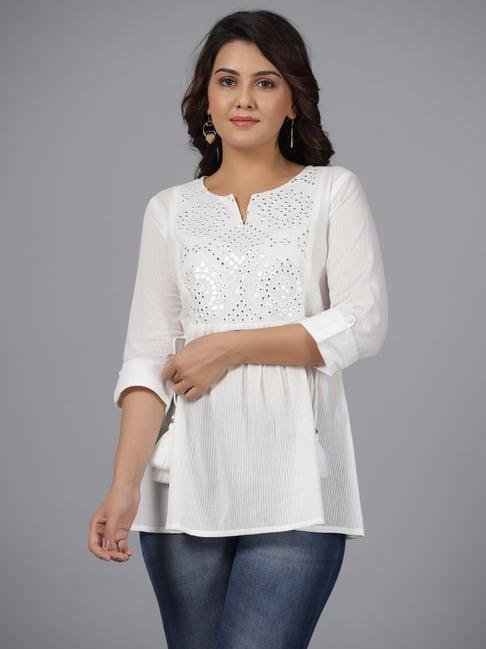 juniper white geometric cotton dobby tunic with mirror work embroidery