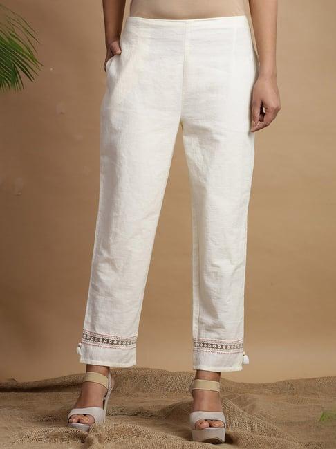 juniper white rayon flex solid slim fit cigarette women pants with one pocket with self design