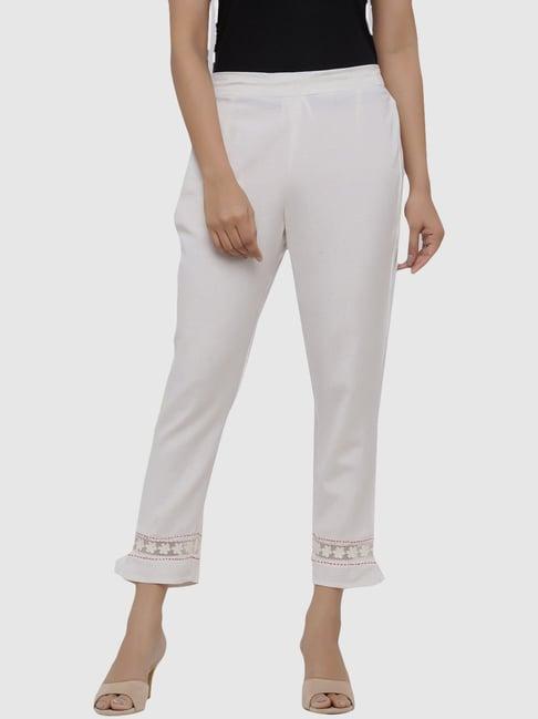 juniper white rayon flex solid slim fit cigarette women pants with one pocket with self design