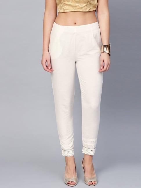 juniper white solid cotton flex slim fit women pants with one pocket