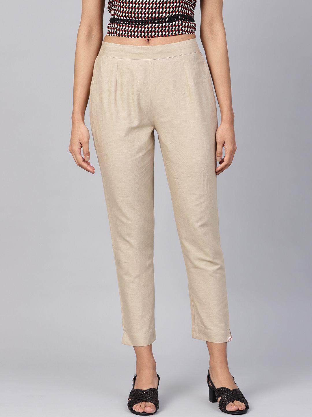 juniper women beige smart slim fit solid cropped cigarette trousers