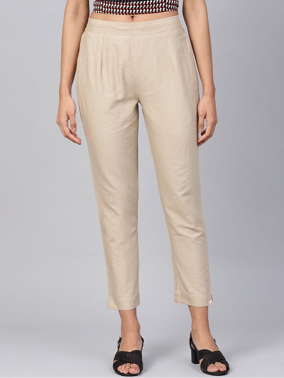 juniper women beige urban slim slim fit solid regular trousers