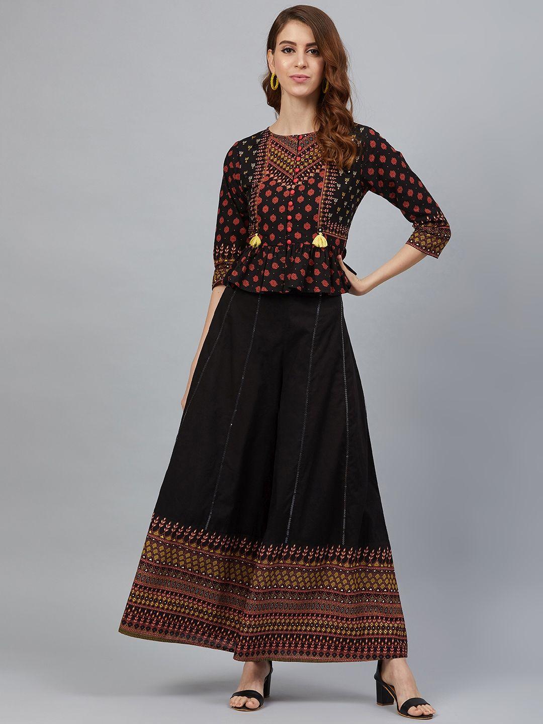 juniper women black & red cambric printed top with palazzos