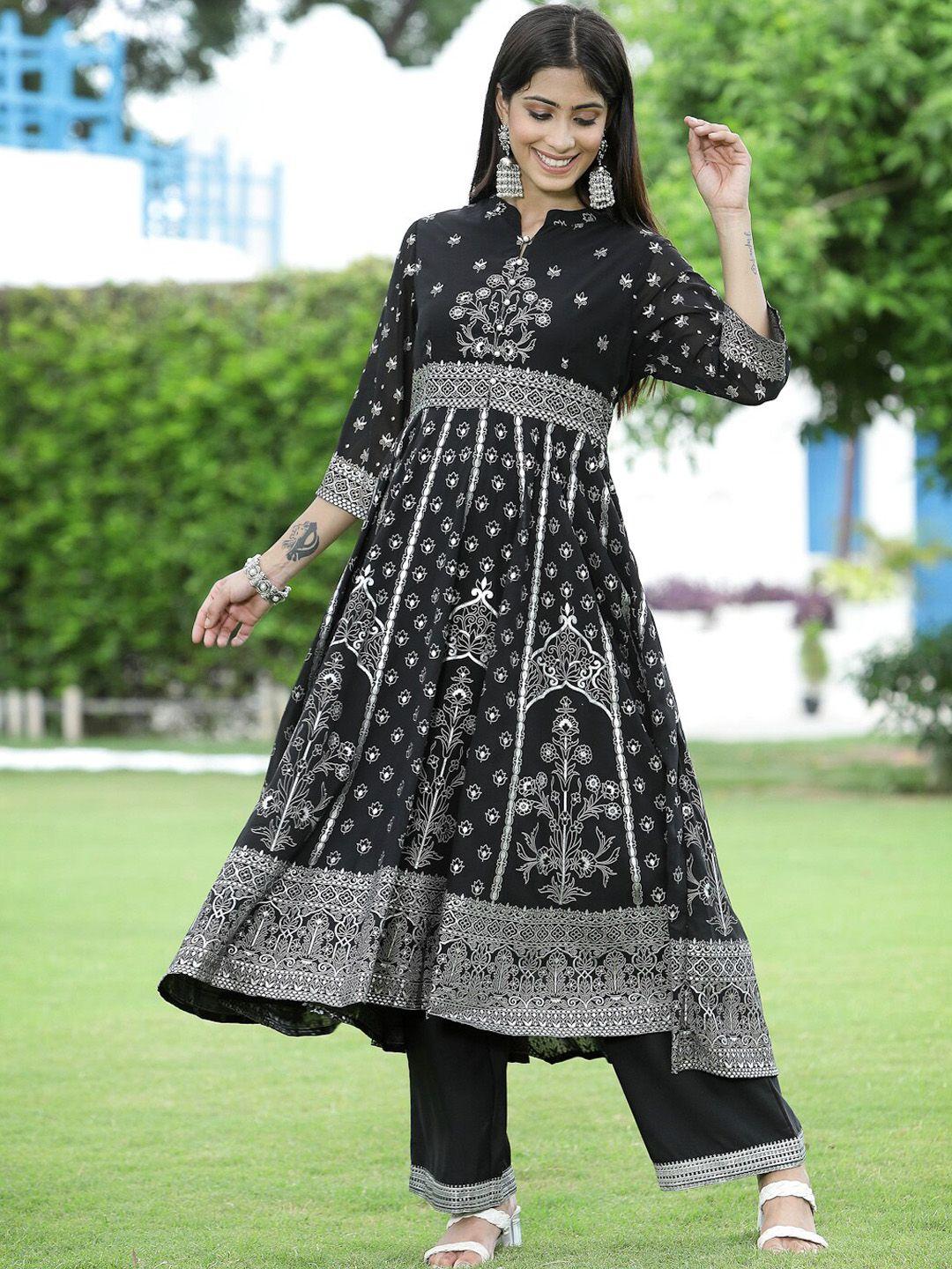 juniper women black  printed kurta with trousers