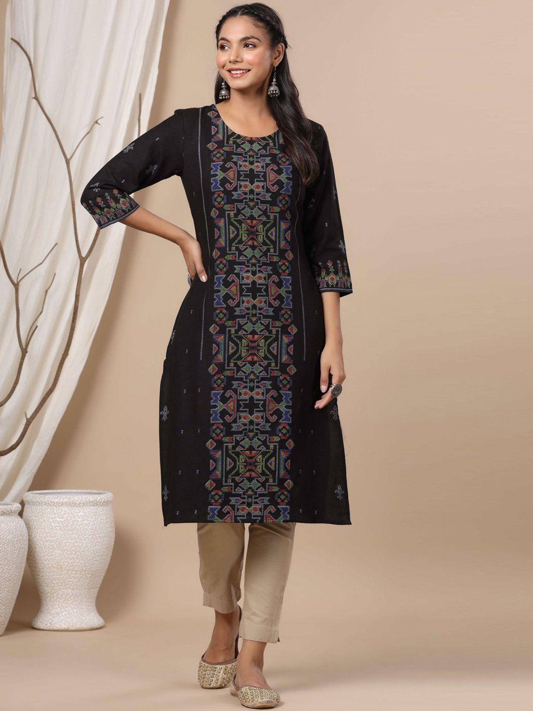 juniper women black ethnic motifs embroidered thread work kurta