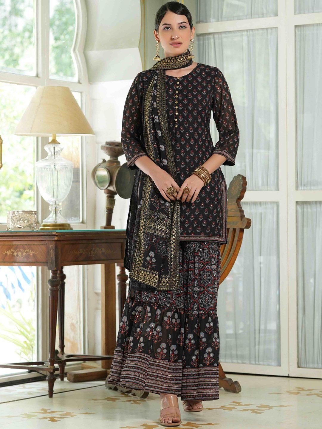 juniper women black ethnic motifs printed pleated kurti with sharara & with dupatta