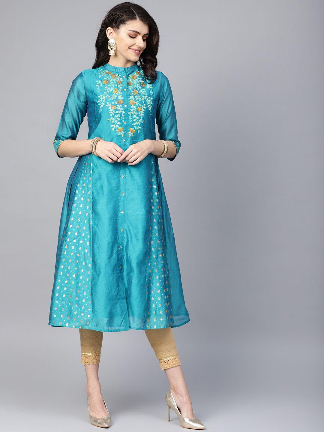 juniper women blue & golden embroidered a-line kurta