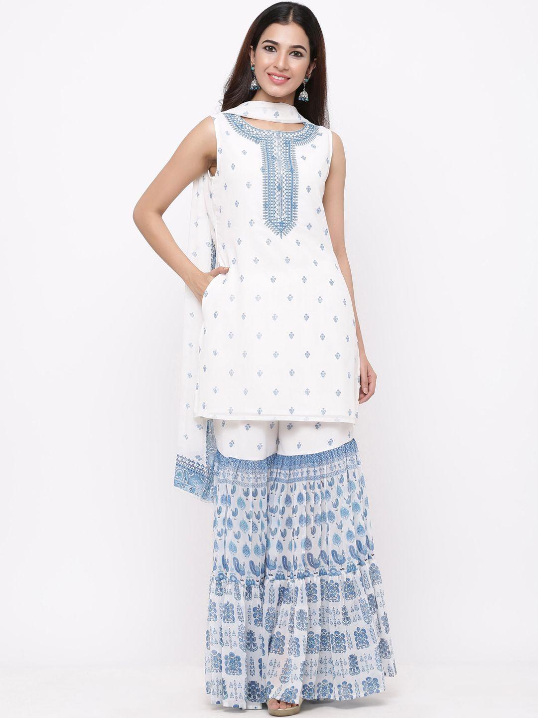 juniper women blue & off-white embroidered kurta with sharara & dupatta