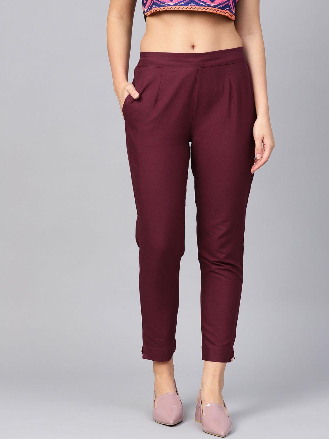 juniper women burgundy urban slim slim fit solid cigarette trousers