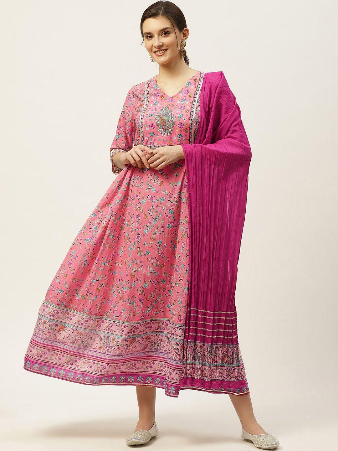 juniper women coral paisley printed cotton anarkali kurta with dupatta