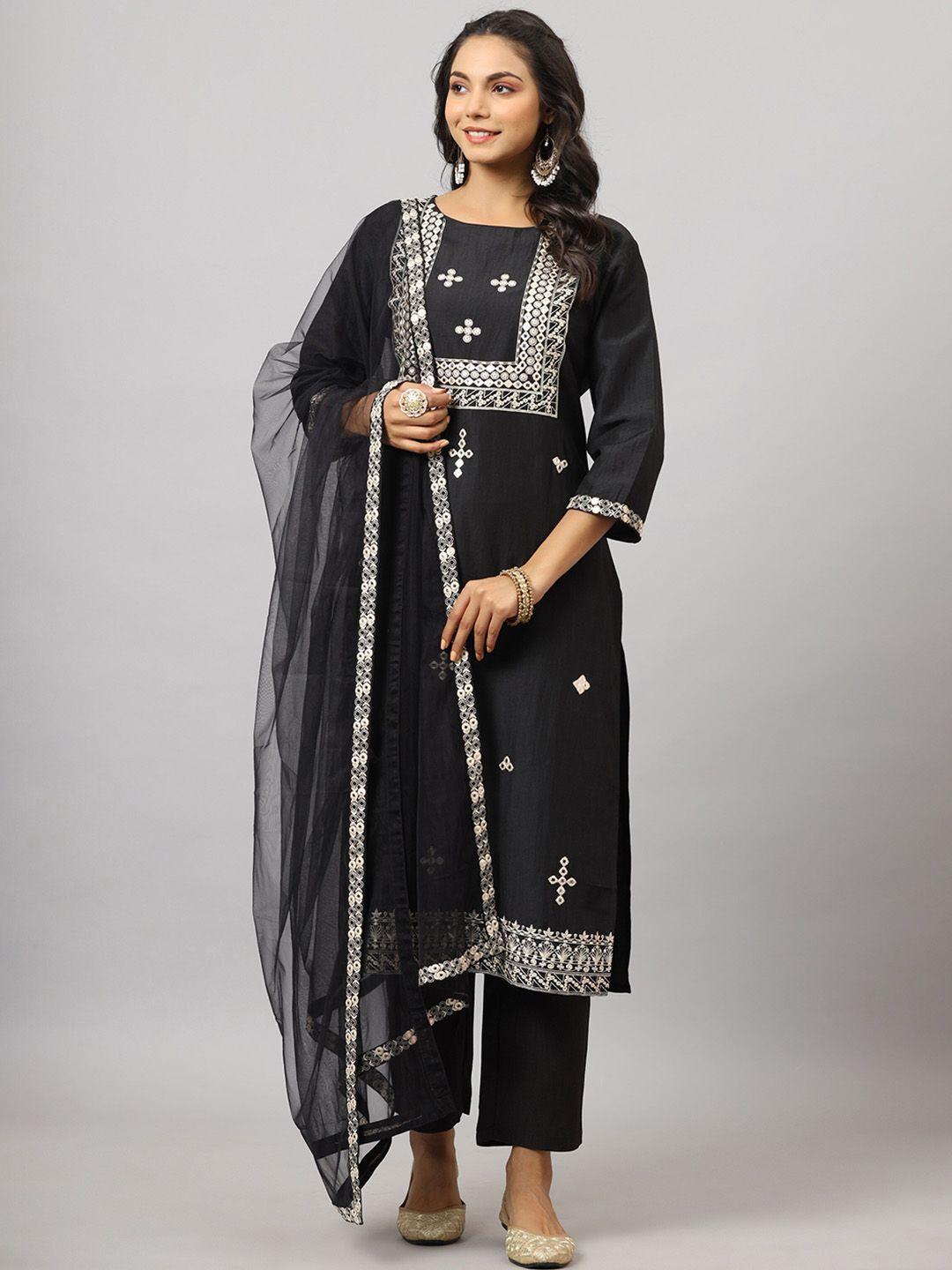 juniper women ethnic motifs embroidered mirror work kurta with trousers & dupatta