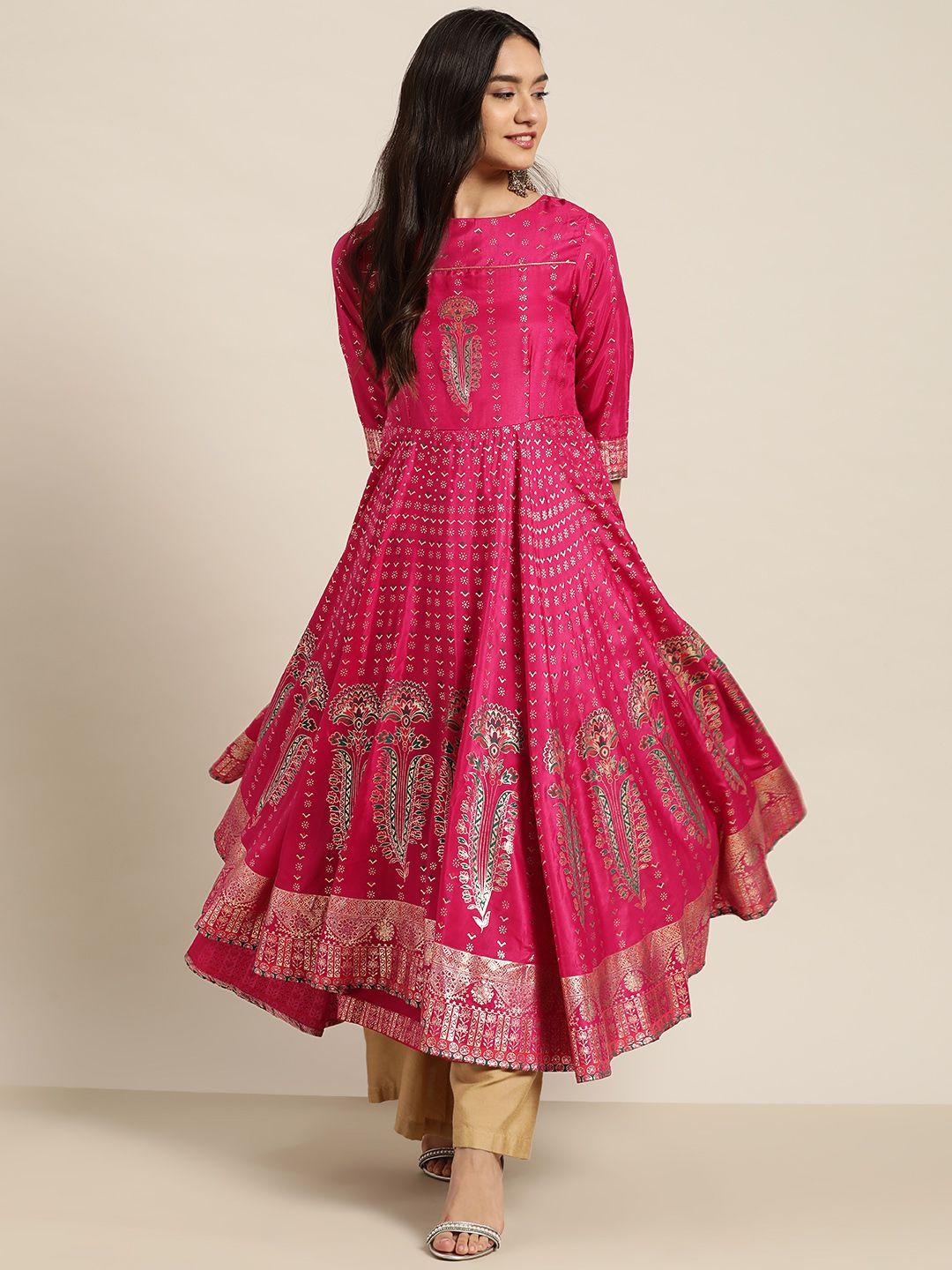 juniper women fuchsia & gold-toned foil print anarkali kurta