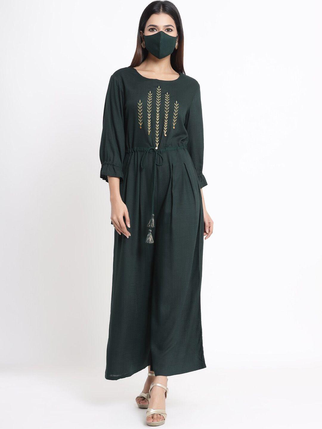 juniper women green & gold-colour embroidered basic jumpsuit