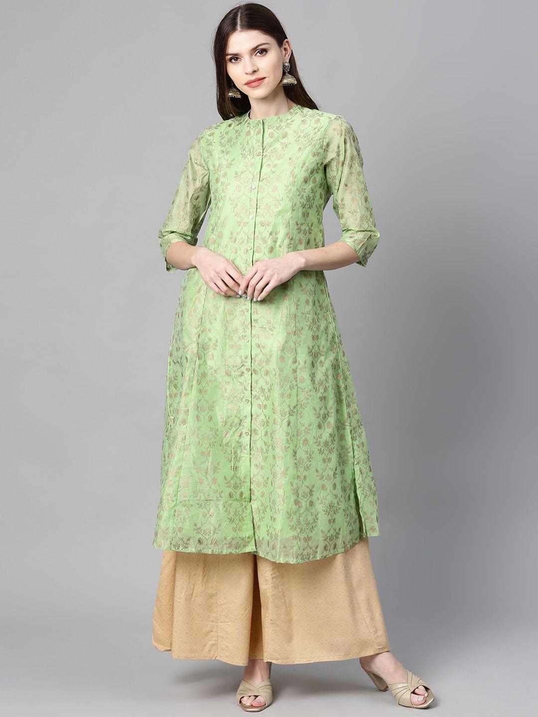 juniper women green & golden foil print a-line kurta