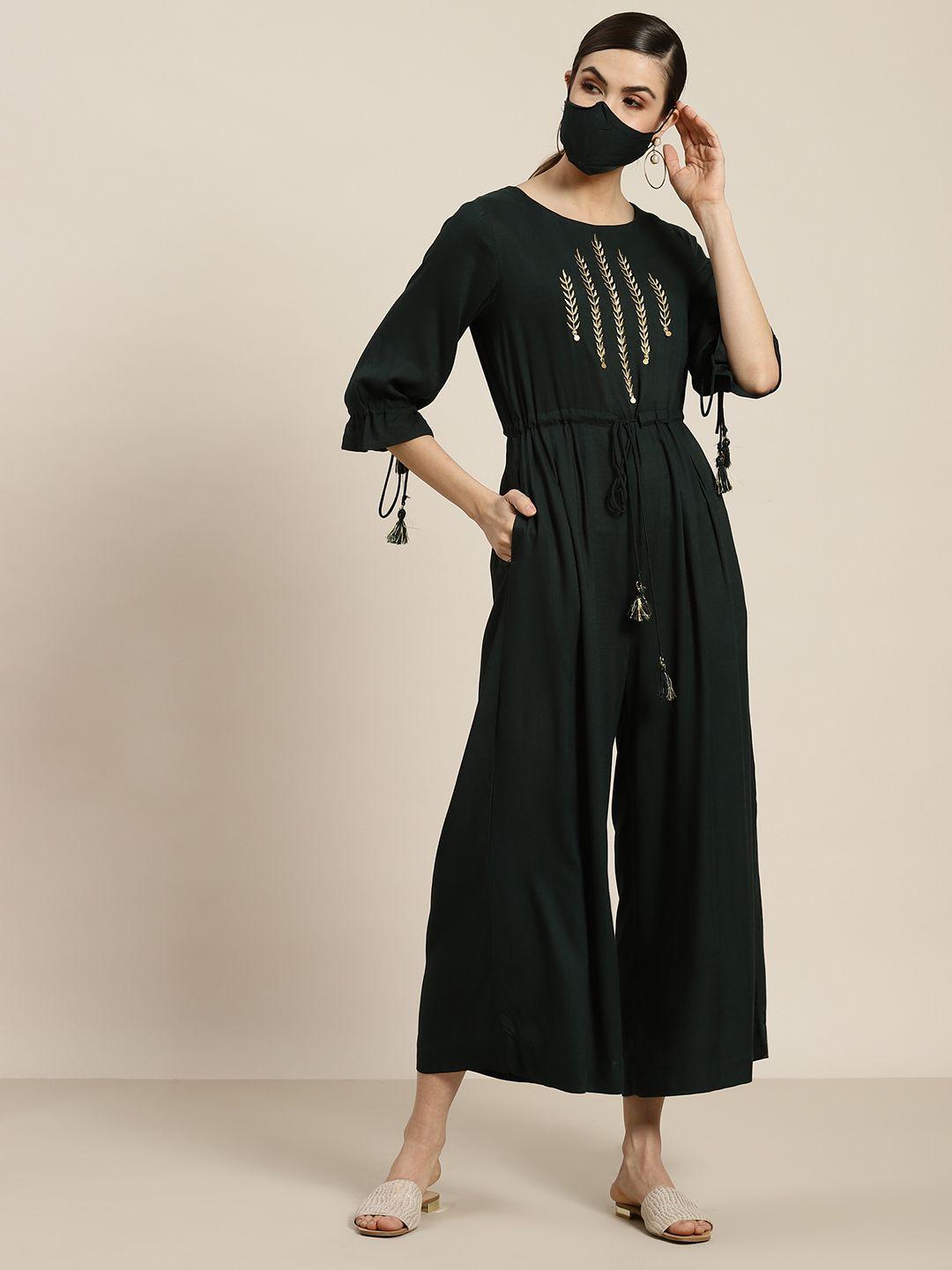 juniper women green embroidered basic jumpsuit with gather detail