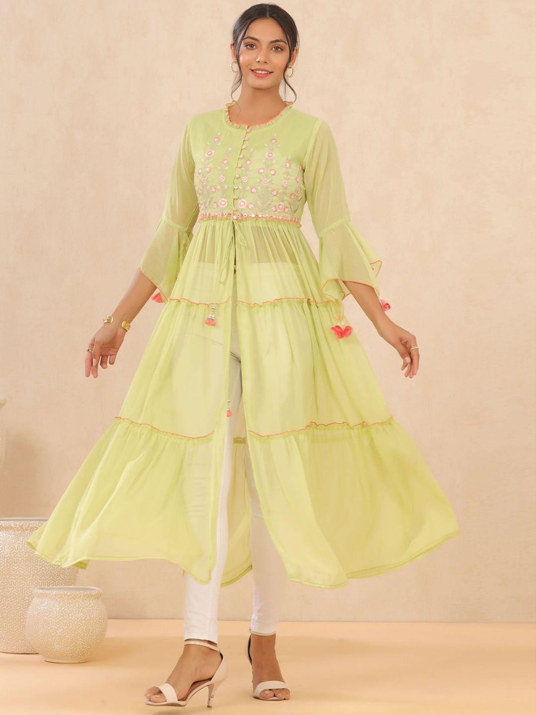 juniper women green embroidered flared sleeves anarkali kurta