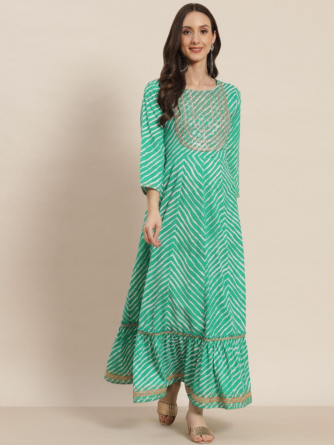 juniper women green printed embroidered mirror work cotton a-line maxi dress