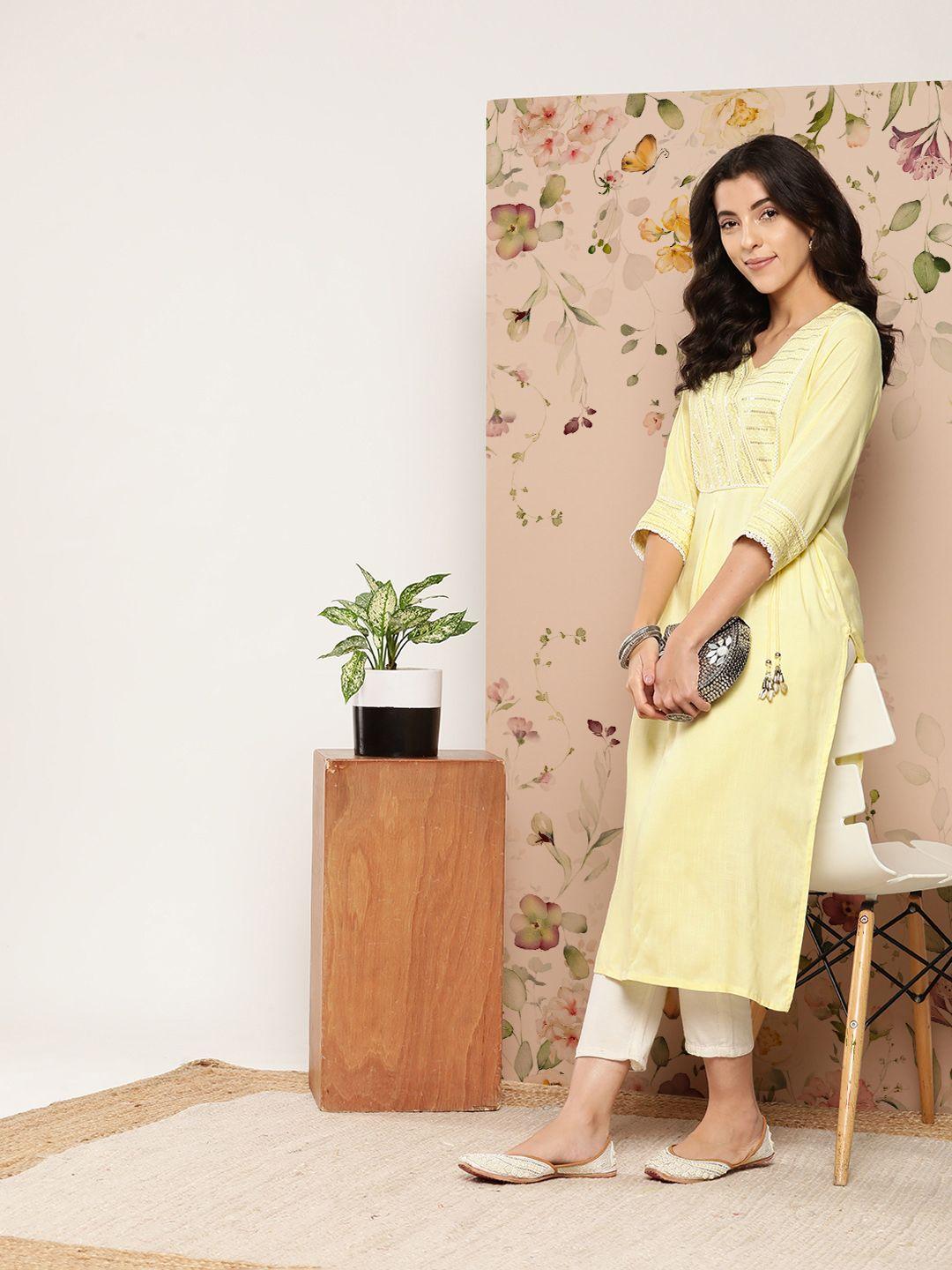 juniper women lime green embellished kurta