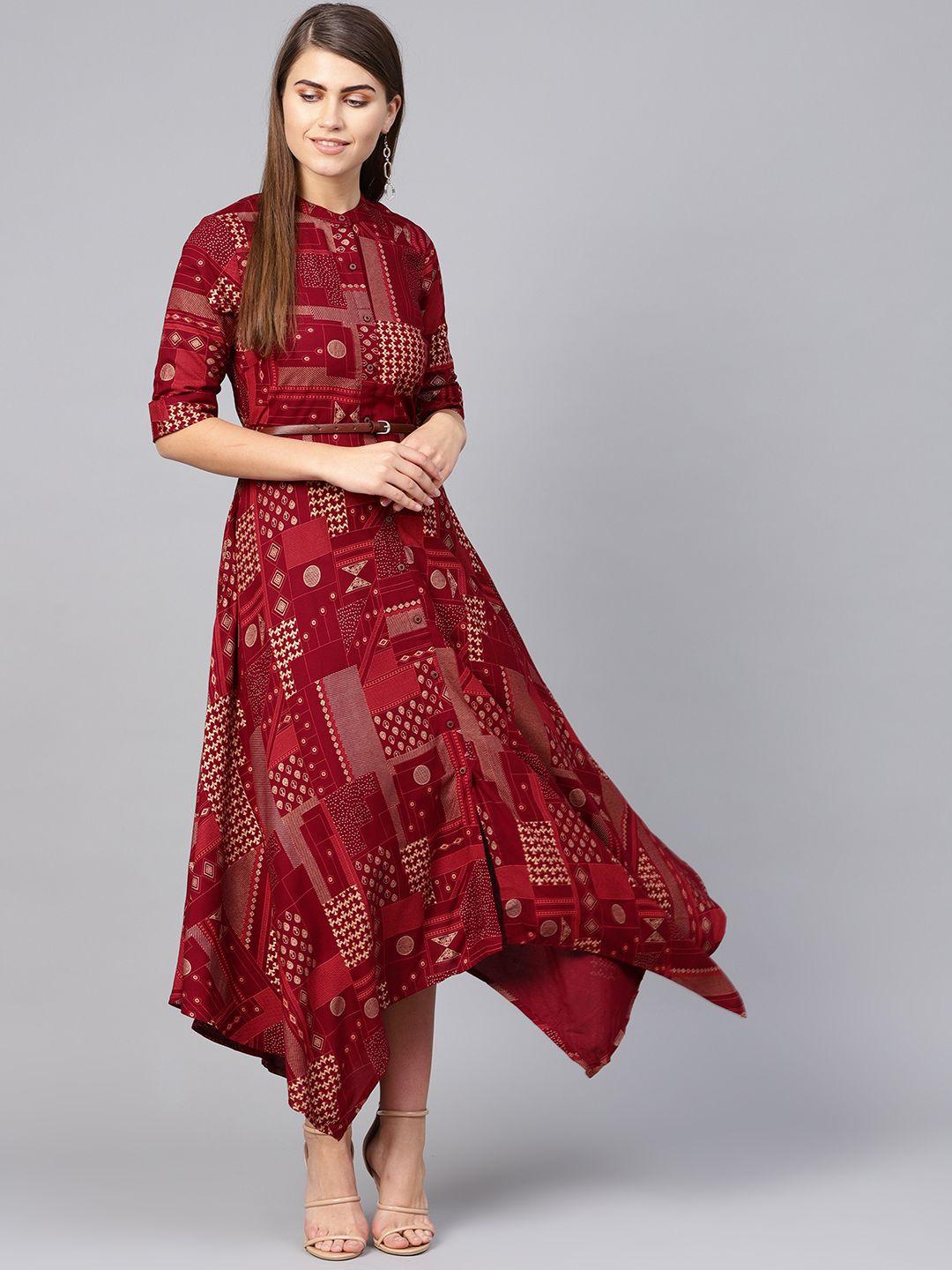 juniper women maroon & golden printed maxi dress