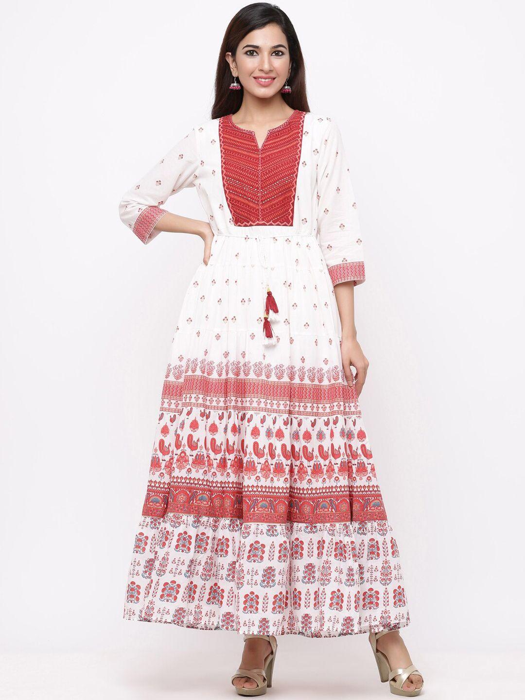 juniper women maroon & white printed embroidered tiered maxi dress