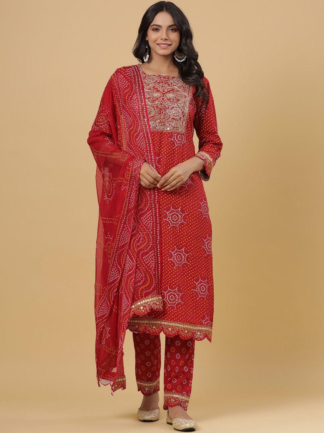 juniper women maroon bandhani printed straight  kurta with trousers & with dupatta