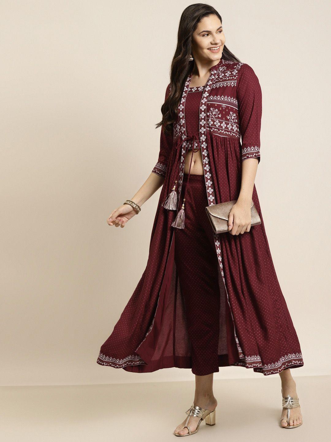 juniper women maroon ethnic motifs printed layered liva jacket style kurta with trousers