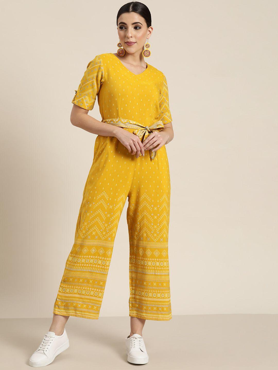 juniper women mustard yelloe ethnic motifs printed ethnic jumpsuit with belt