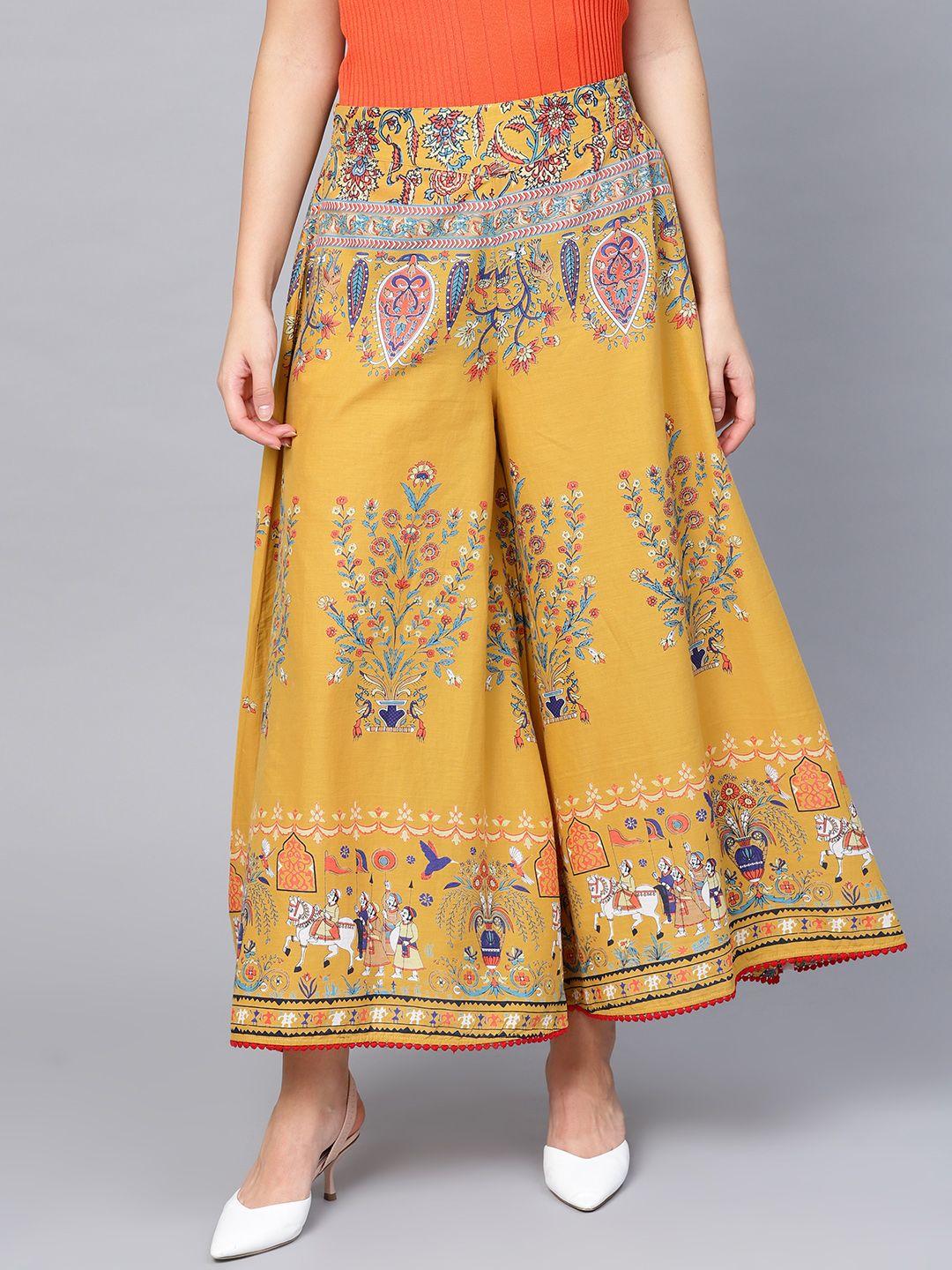 juniper women mustard yellow & blue printed flared palazzos