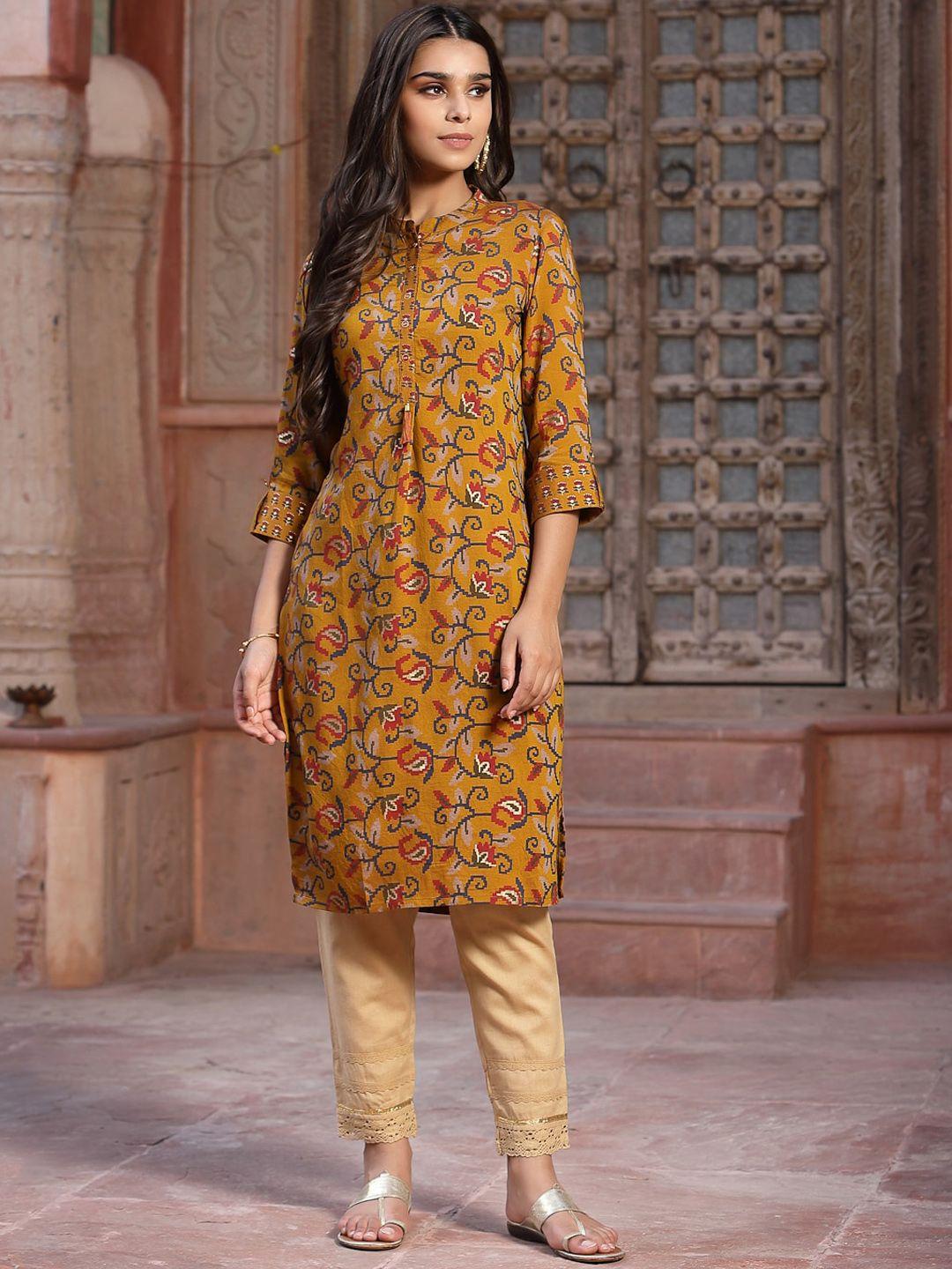 juniper women mustard yellow ethnic motifs printed kurta