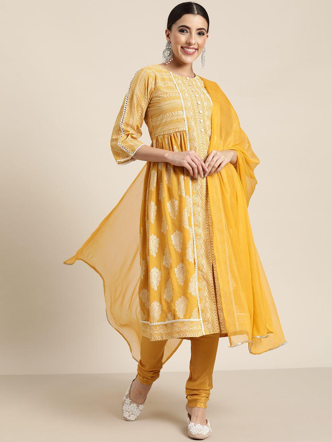 juniper women mustard yellow ethnic motifs printed silk georgette flared kurta set