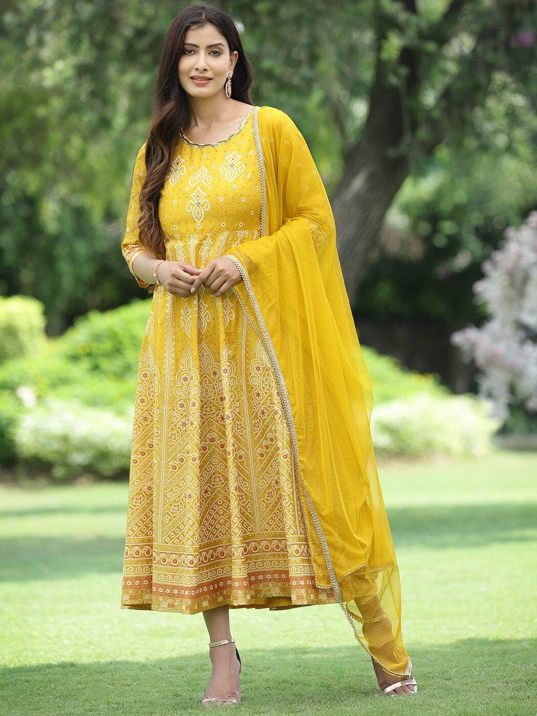 juniper women mustard yellow geometric anarkali panelled kurta with dupatta