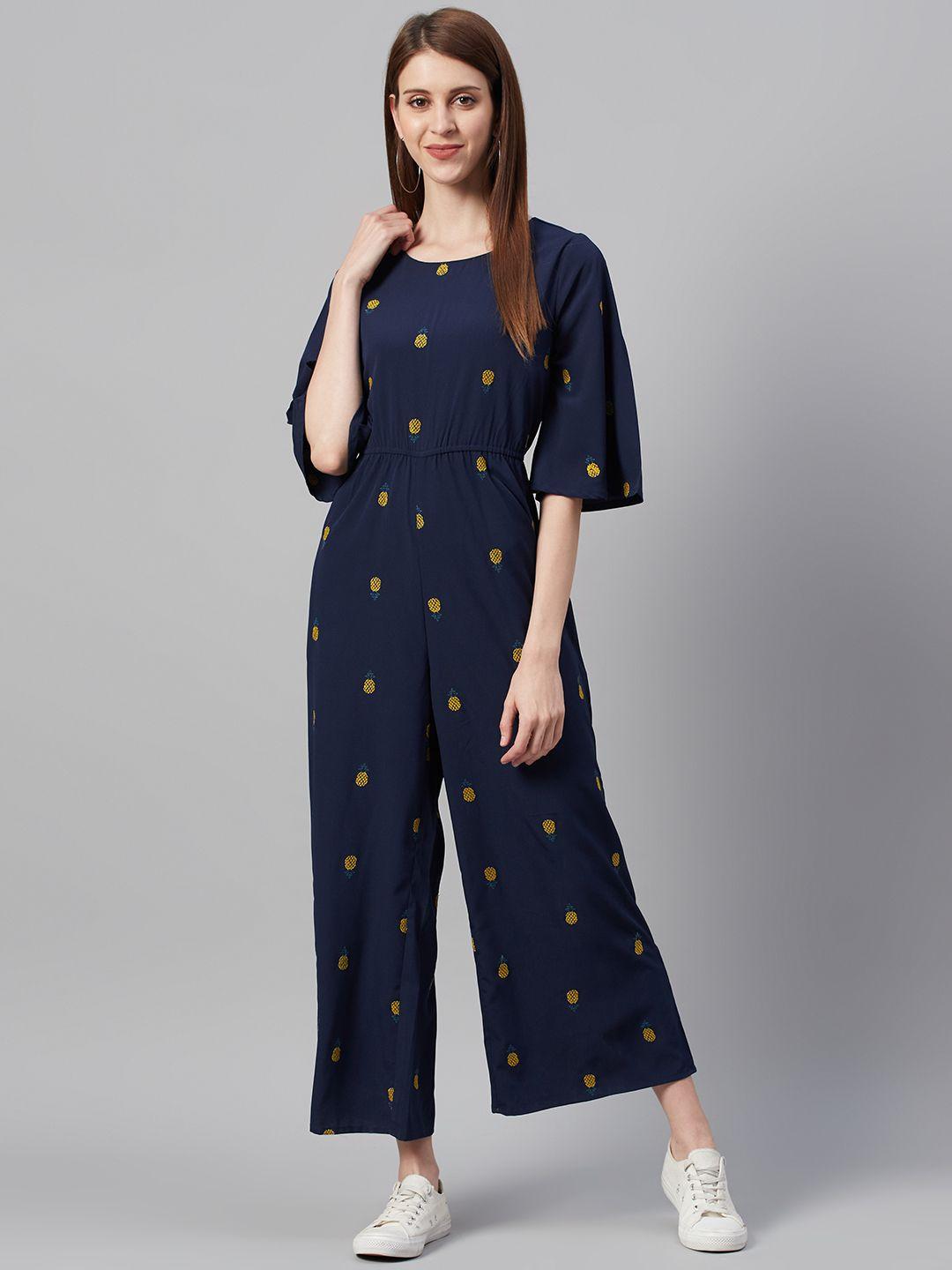 juniper women navy blue & mustard yellow pineapple embroidered basic jumpsuit