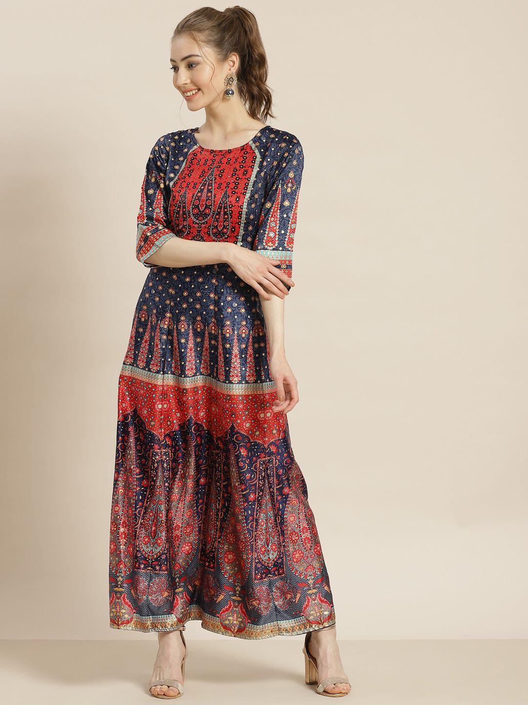 juniper women navy blue & red ethnic motifs printed satin maxi dress