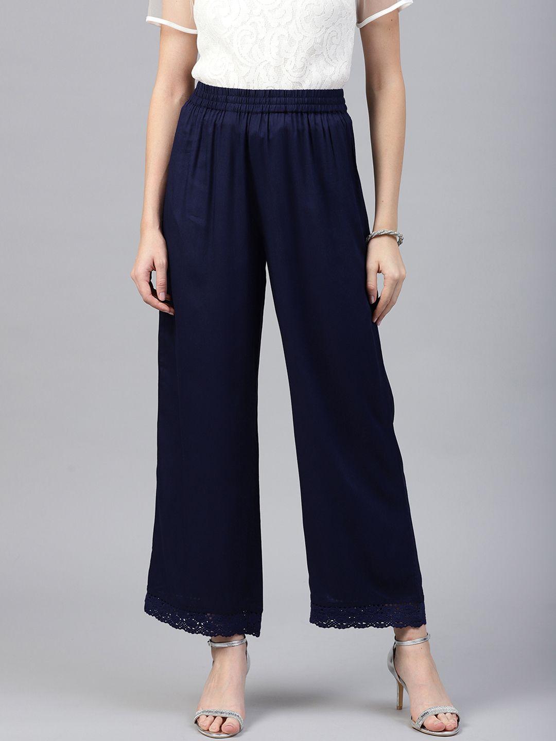 juniper women navy blue solid wide leg palazzos