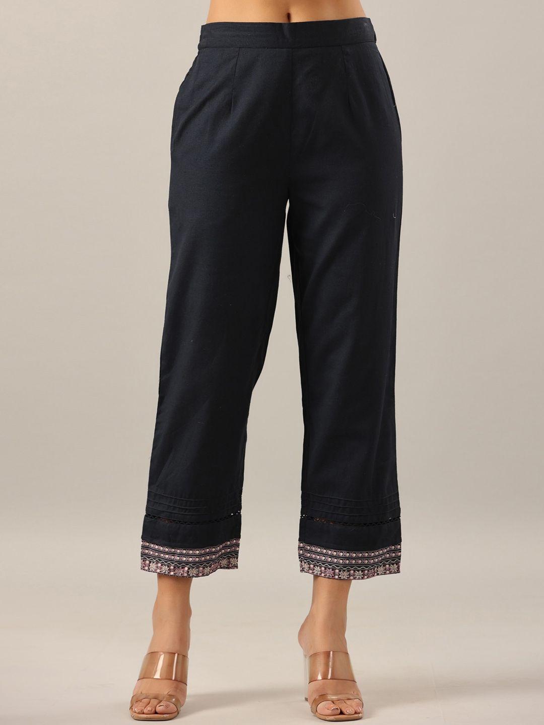 juniper women navy blue tailored mid rise easy wash cotton straight fit parallel trousers