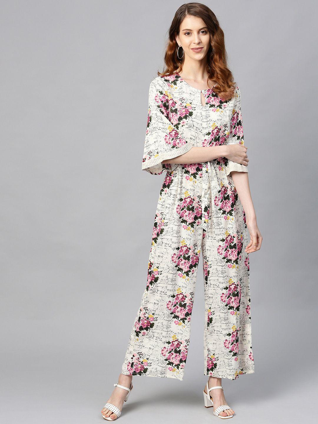 juniper women off-white & pink floral print basic jumpsuit