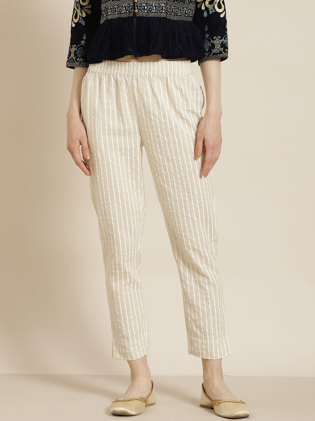 juniper women off white striped smart slim fit cropped cigerette trousers