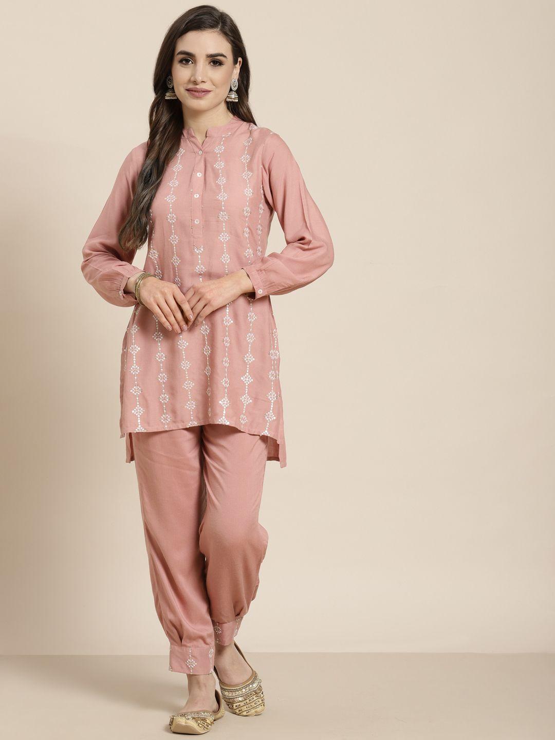 juniper women onion pink ethnic motifs embroidered thread work rayon kurta with trousers