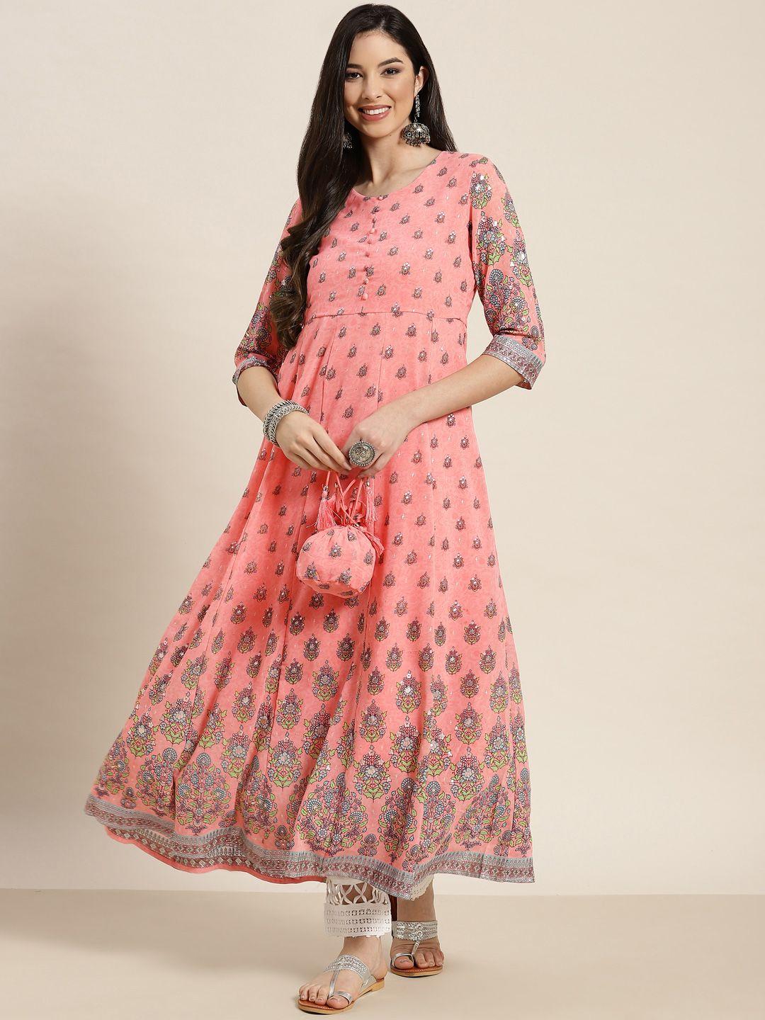 juniper women pink floral printed georgette anarkali kurta