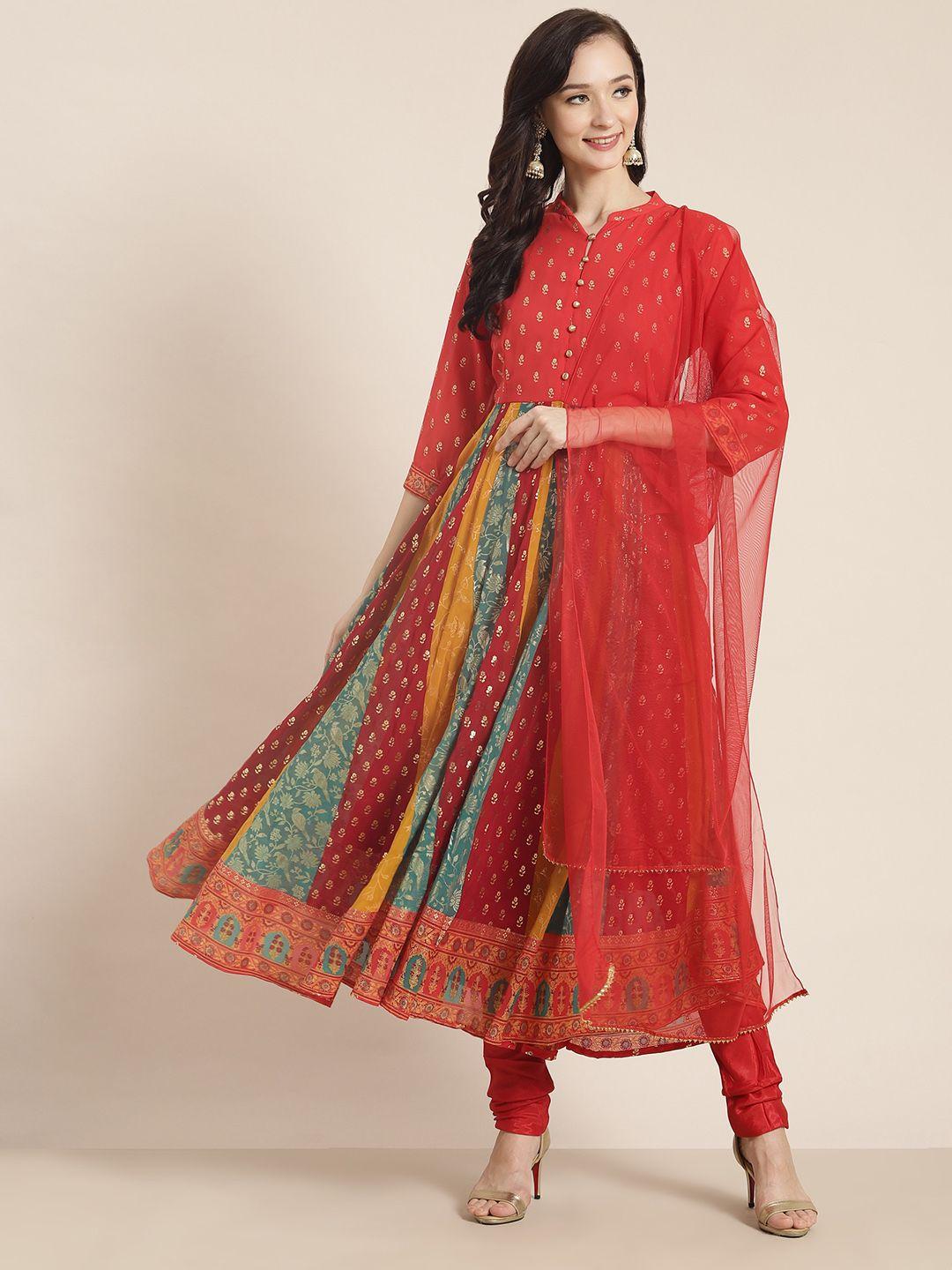 juniper women pink panelled kurta with churidar & with dupatta