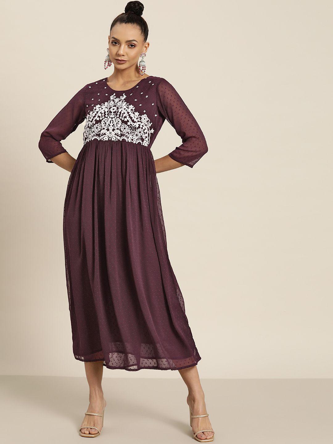 juniper women purple & white pure cotton floral embroidered ethnic a-line midi dress