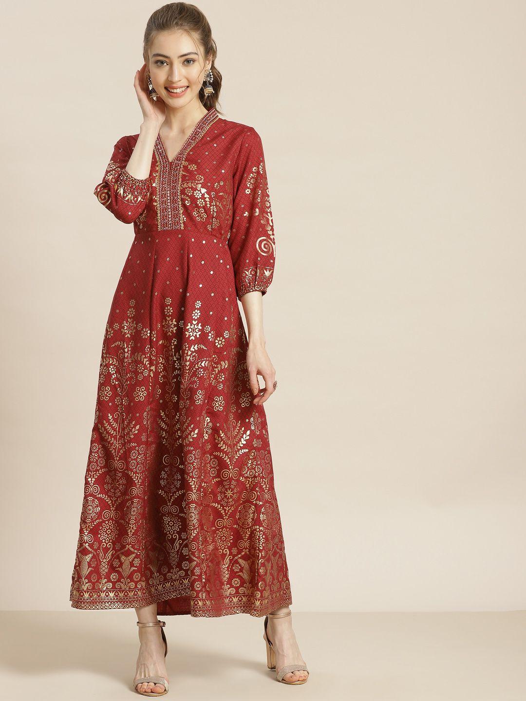 juniper women red & golden ethnic motifs print liva maxi dress