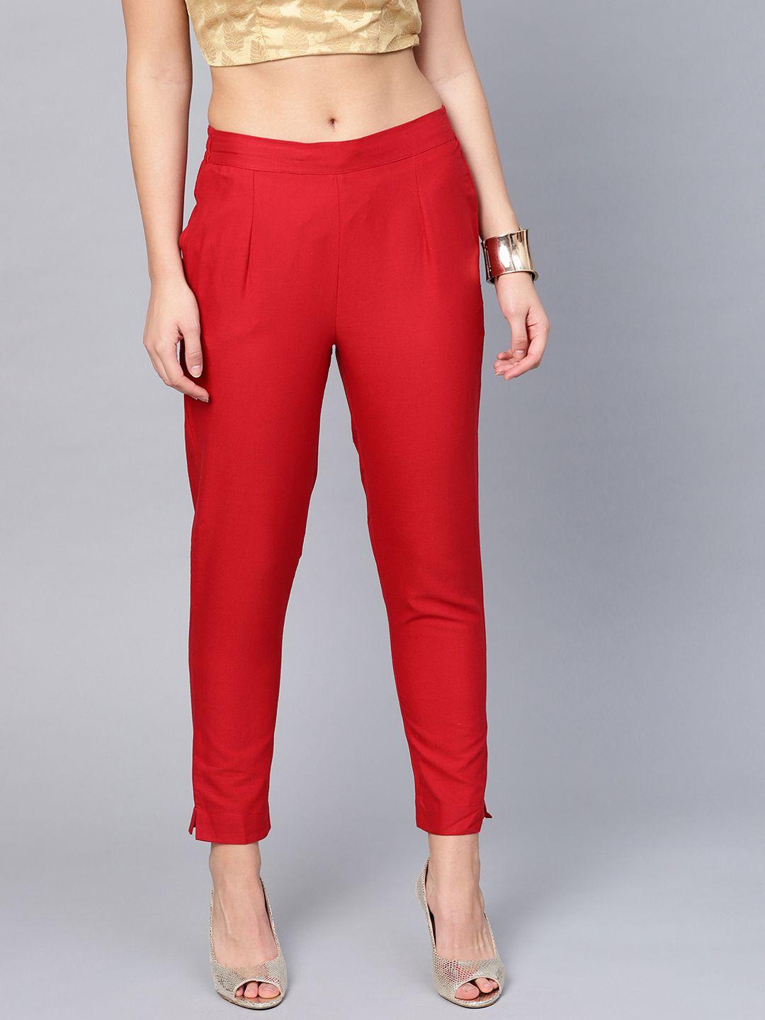 juniper women red slim fit solid regular trousers