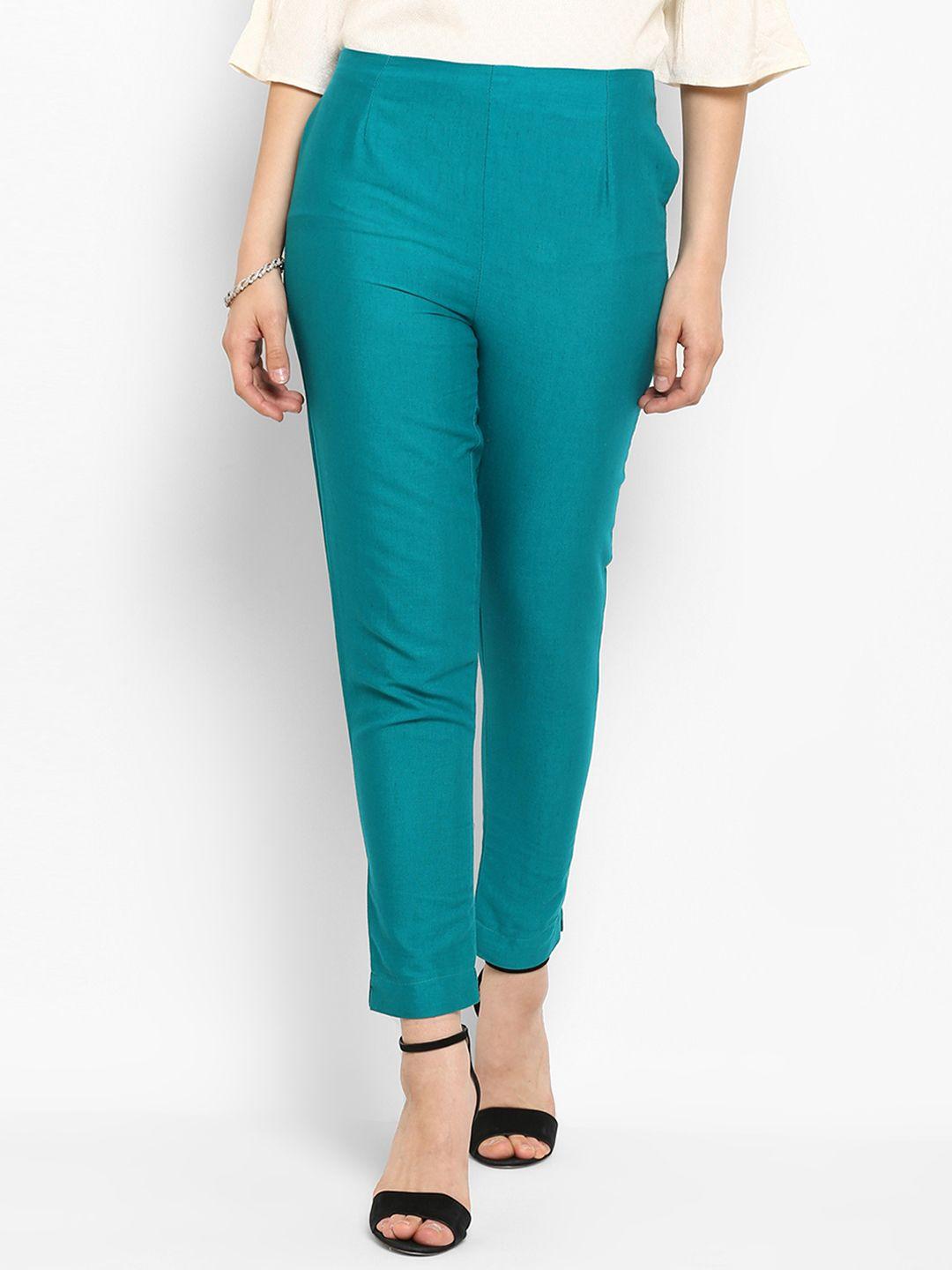 juniper women teal smart slim fit solid cigarette trousers