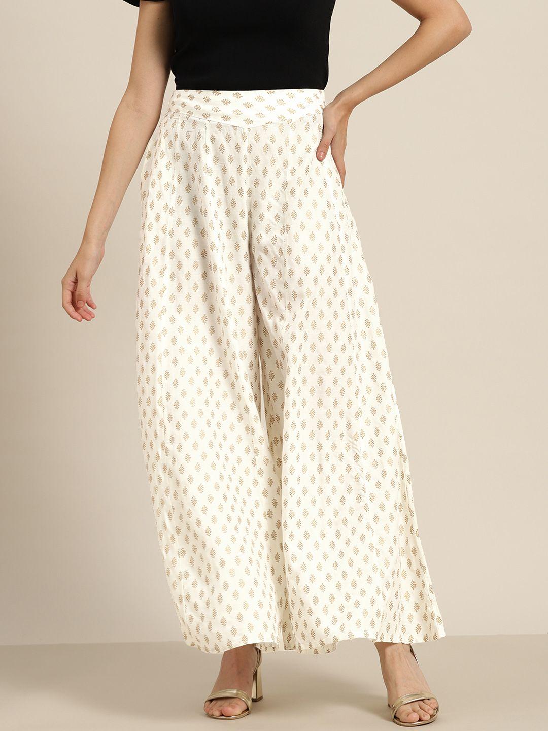 juniper women white & golden ethnic motifs printed flared knitted ethnic palazzos