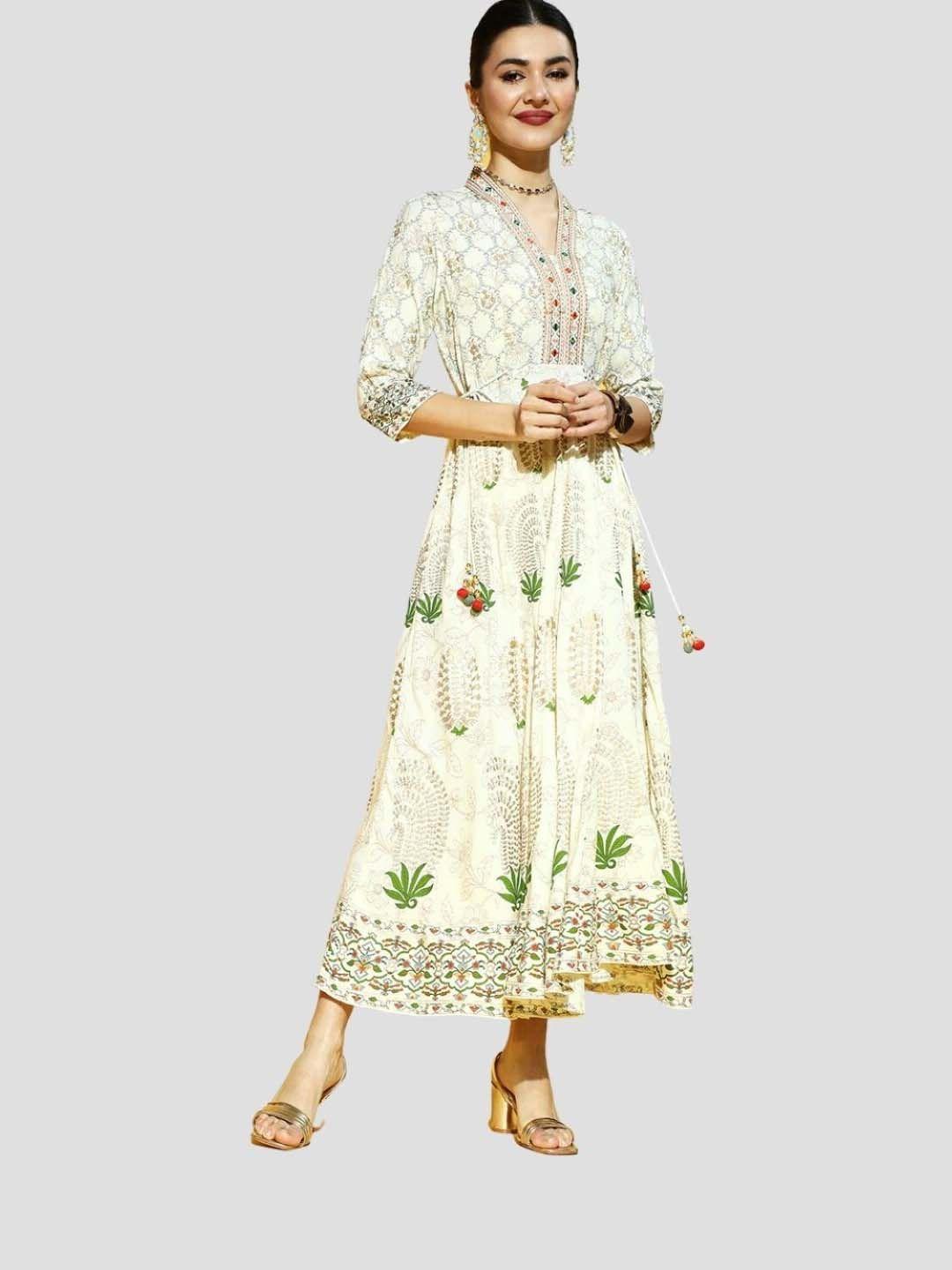 juniper women white & green ethnic motifs printed anarkali kurta