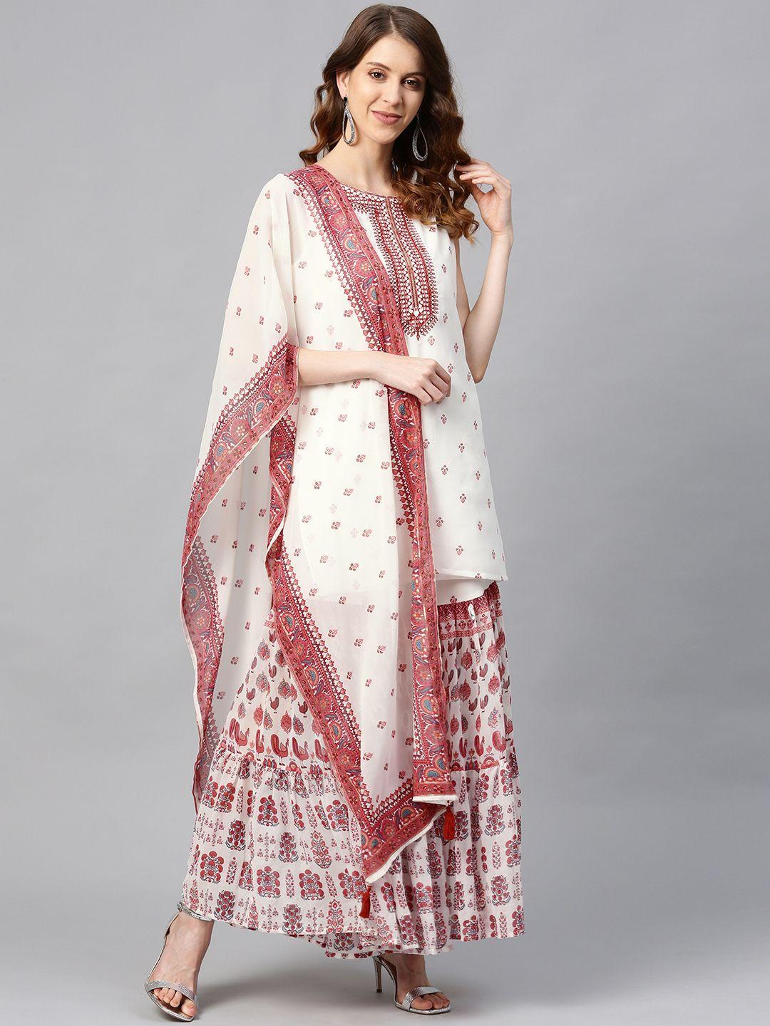 juniper women white & maroon foil printed kurta with sharara & dupatta